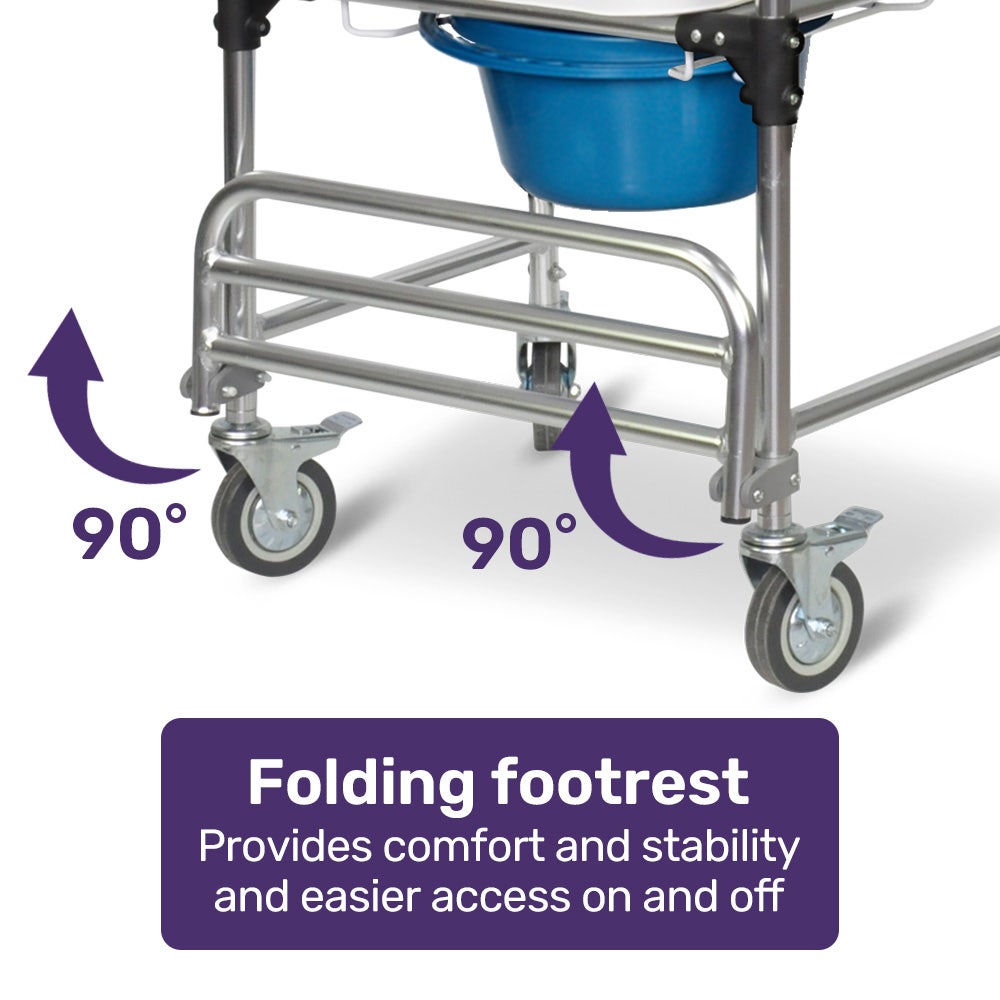 Equipmed Commode Shower Chair, Over Toilet or Bedside 136kg Capacity Aluminium frame with Wheels, White/Blue