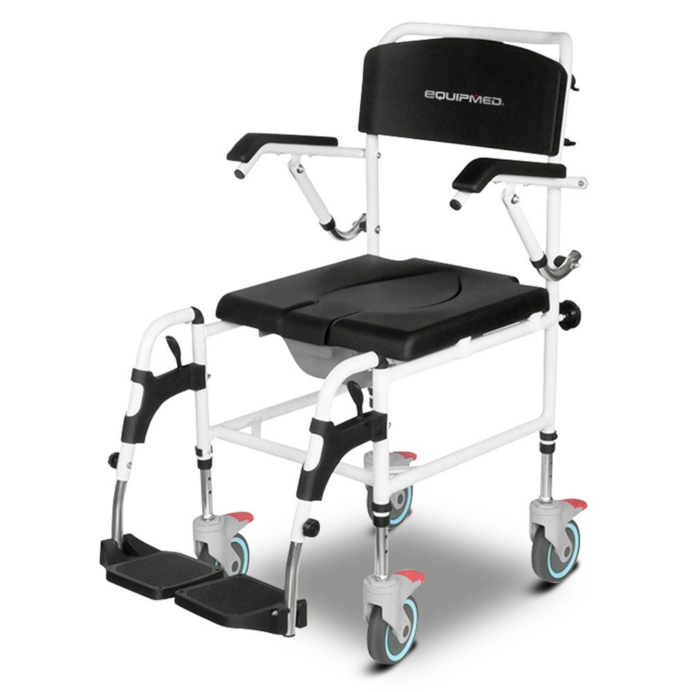 Mobility & Accessibility: Equipmed Commode Shower Chair, Over Toilet or Bedside 136kg Capacity Aluminium frame with Wheels, Black