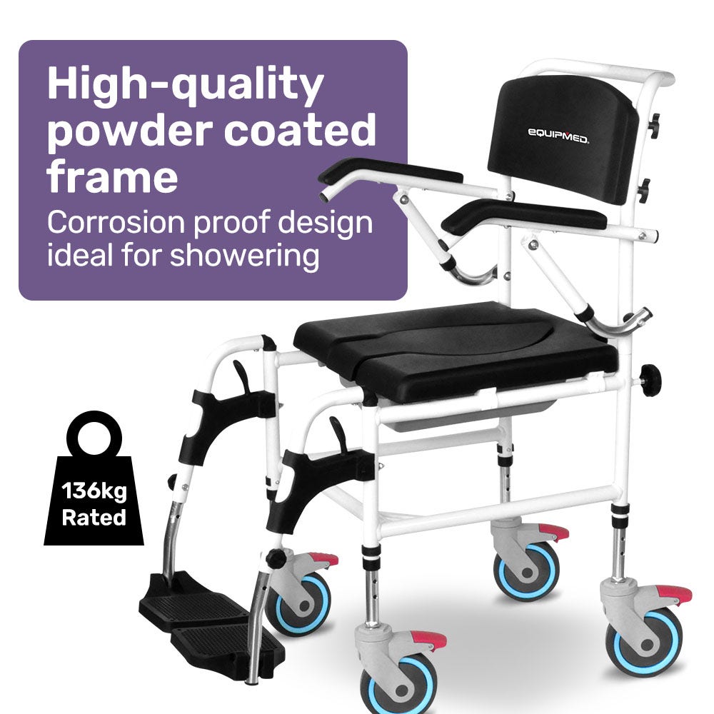Mobility & Accessibility: Equipmed Commode Shower Chair, Over Toilet or Bedside 136kg Capacity Aluminium frame with Wheels, Black