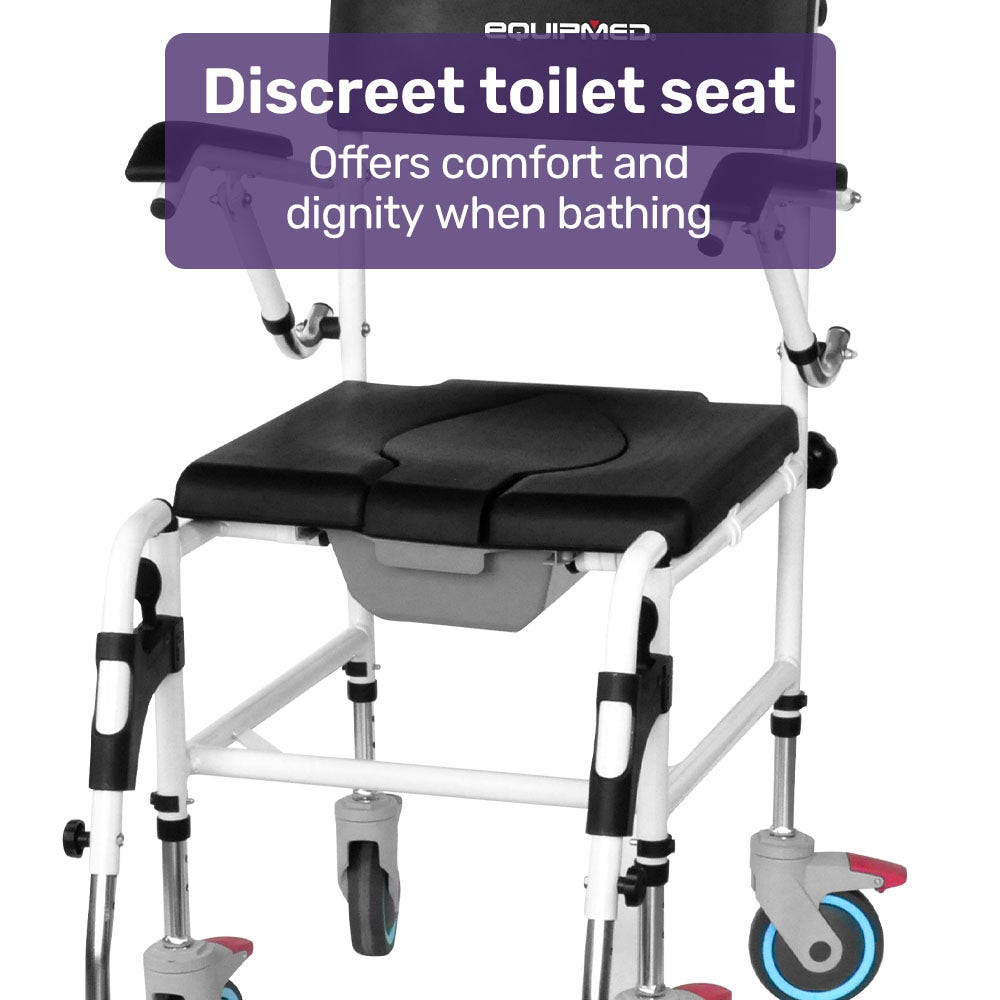 Mobility & Accessibility: Equipmed Commode Shower Chair, Over Toilet or Bedside 136kg Capacity Aluminium frame with Wheels, Black