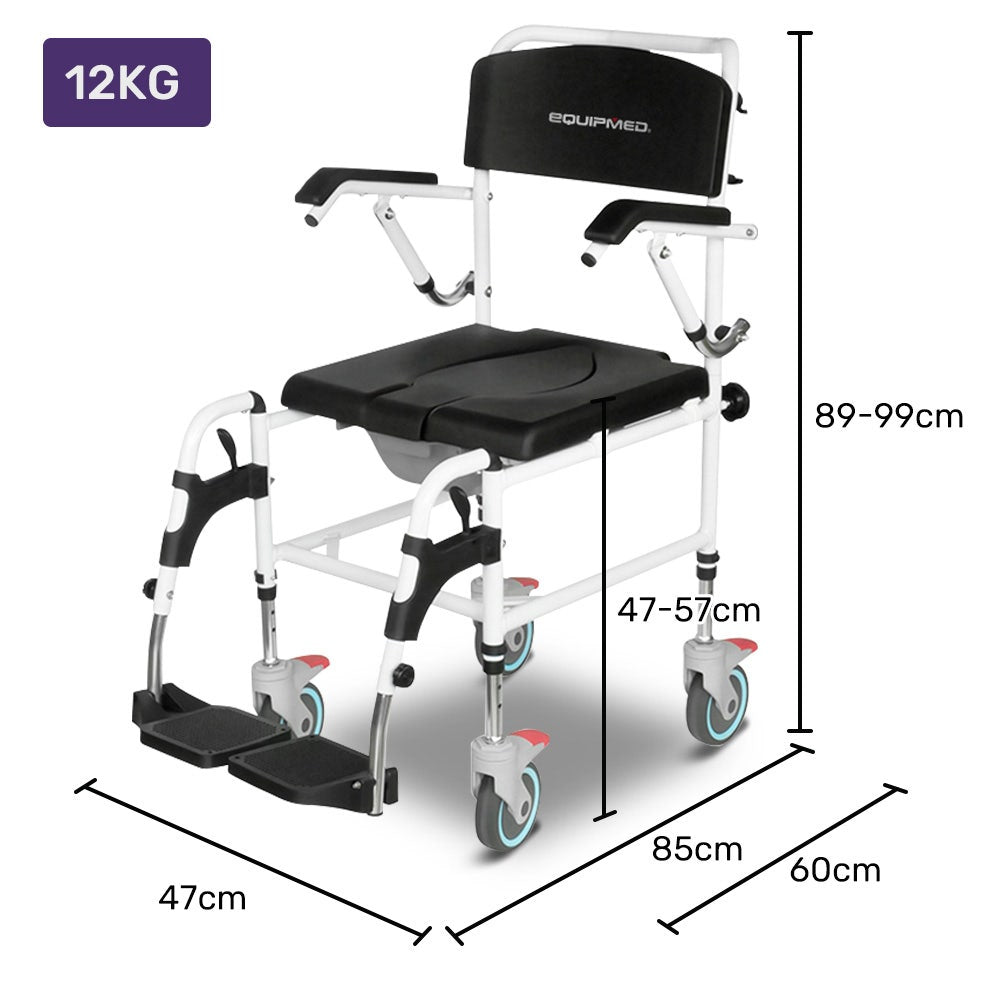 Mobility & Accessibility: Equipmed Commode Shower Chair, Over Toilet or Bedside 136kg Capacity Aluminium frame with Wheels, Black