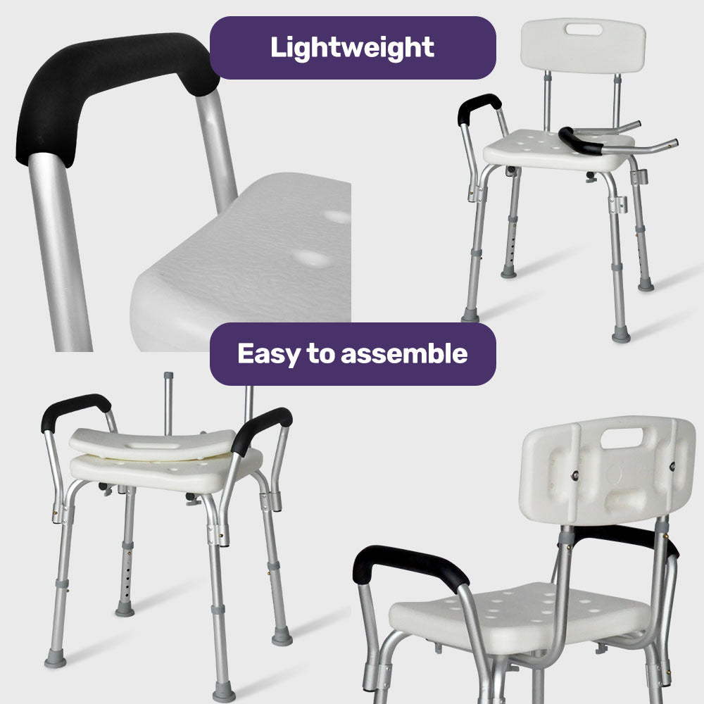 Mobility & Accessibility: EQUIPMED Shower Chair Bath Seat 120kg Capacity, with Arms, Adjustable Height, for Elderly, White