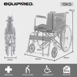 Mobility & Accessibility: Equipmed Folding Manual Wheelchair Self Propelled, 24" Rear Wheels, Chrome Steel Frame, 46cm Wide Seat, 100kg Capacity, Park Brakes