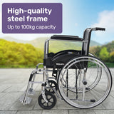 Mobility & Accessibility: Equipmed Folding Manual Wheelchair Self Propelled, 24" Rear Wheels, Chrome Steel Frame, 46cm Wide Seat, 100kg Capacity, Park Brakes