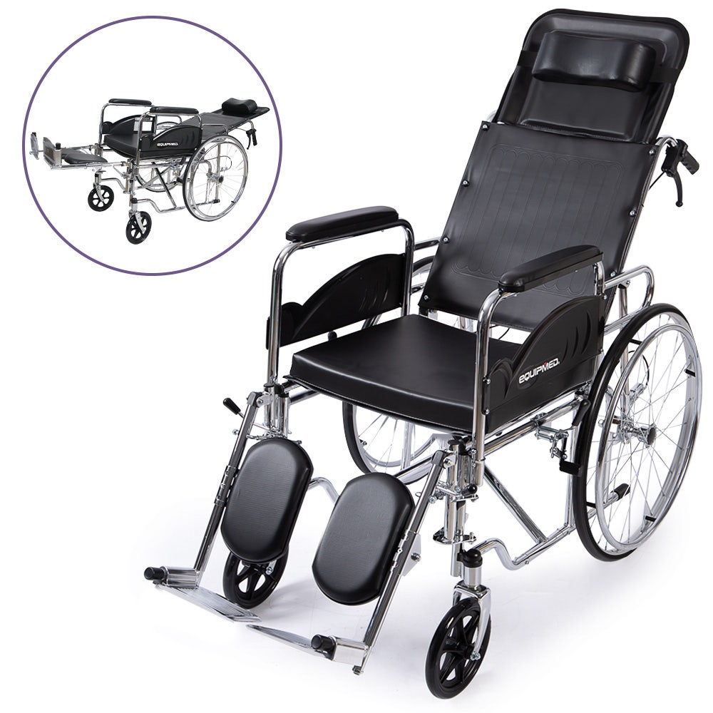 Mobility & Accessibility: Equipmed Folding Manual Reclining Wheelchair Self Propelled, 24" Rear Wheels, Chrome Steel Frame, 46cm Wide Seat, 100kg Capacity, Park Brakes