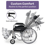 Mobility & Accessibility: Equipmed Folding Manual Reclining Wheelchair Self Propelled, 24" Rear Wheels, Chrome Steel Frame, 46cm Wide Seat, 100kg Capacity, Park Brakes