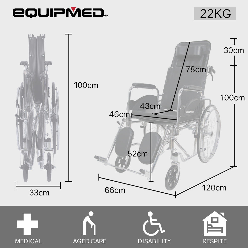 Mobility & Accessibility: Equipmed Folding Manual Reclining Wheelchair Self Propelled, 24" Rear Wheels, Chrome Steel Frame, 46cm Wide Seat, 100kg Capacity, Park Brakes