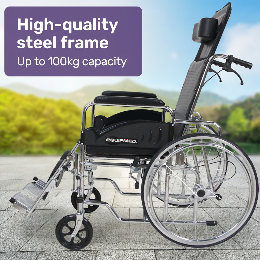 Mobility & Accessibility: Equipmed Folding Manual Reclining Wheelchair Self Propelled, 24" Rear Wheels, Chrome Steel Frame, 46cm Wide Seat, 100kg Capacity, Park Brakes
