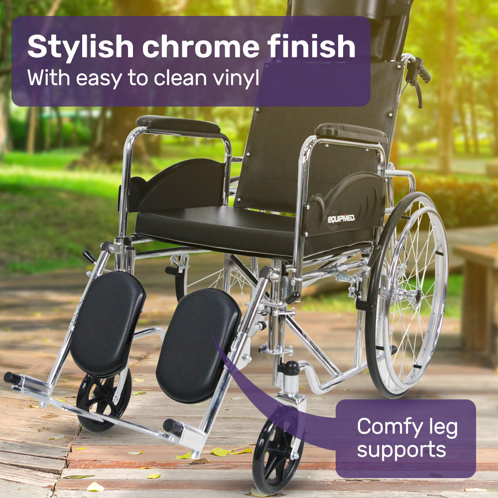 Mobility & Accessibility: Equipmed Folding Manual Reclining Wheelchair Self Propelled, 24" Rear Wheels, Chrome Steel Frame, 46cm Wide Seat, 100kg Capacity, Park Brakes