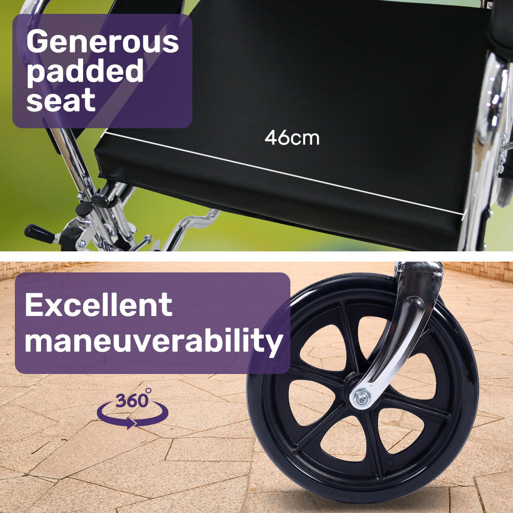 Mobility & Accessibility: Equipmed Folding Manual Reclining Wheelchair Self Propelled, 24" Rear Wheels, Chrome Steel Frame, 46cm Wide Seat, 100kg Capacity, Park Brakes