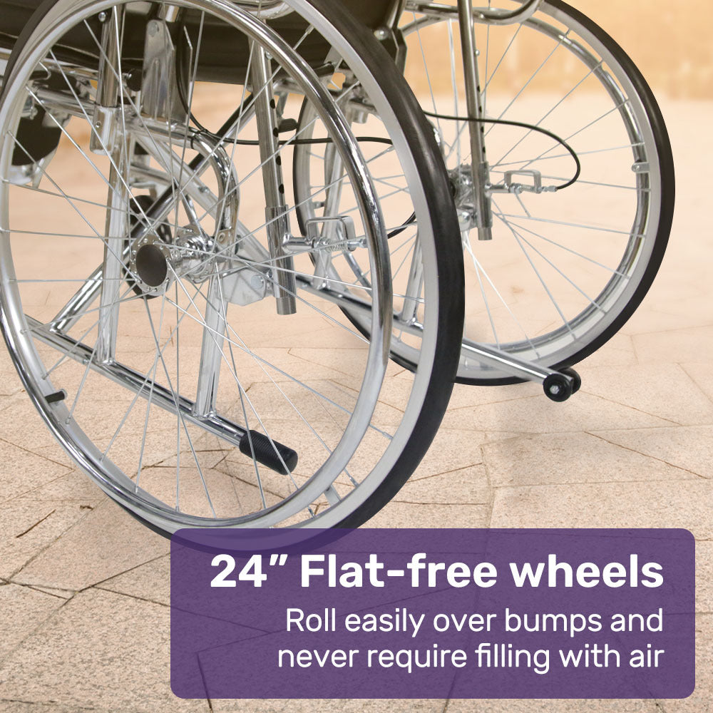 Mobility & Accessibility: Equipmed Folding Manual Reclining Wheelchair Self Propelled, 24" Rear Wheels, Chrome Steel Frame, 46cm Wide Seat, 100kg Capacity, Park Brakes