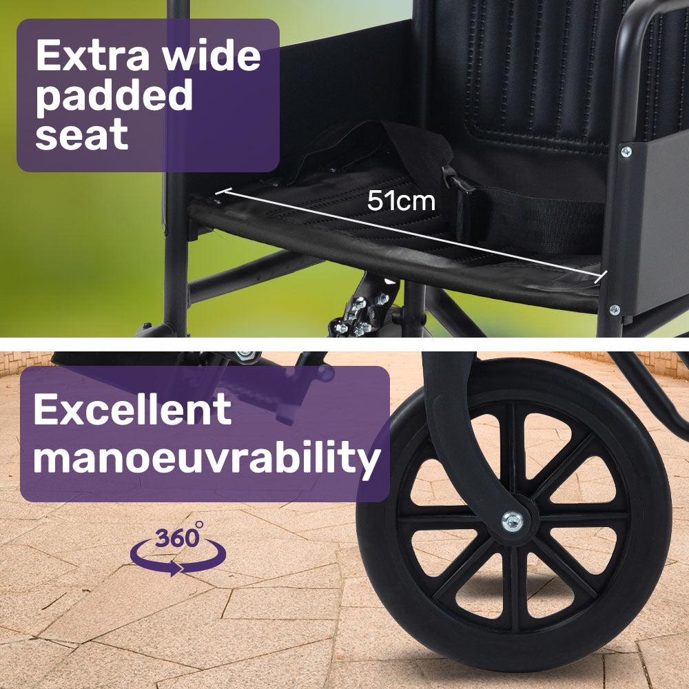 EQUIPMED Folding Transit Manual Wheelchair, Attendant Propelled, Steel Frame, Wide Seat, Comfortable for S-XL, 114kg Capacity, Park Brakes, Transport