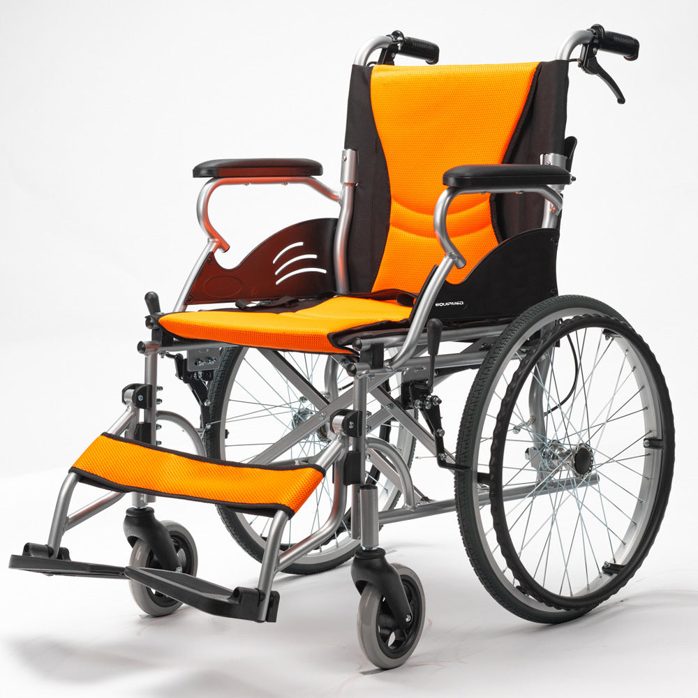 Mobility & Accessibility: EQUIPMED Folding Aluminium Wheelchair, 20" Wheels, Park Brakes, 100kg Capacity, Orange