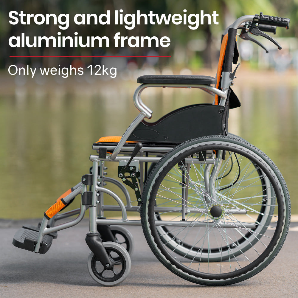 Mobility & Accessibility: EQUIPMED Folding Aluminium Wheelchair, 20" Wheels, Park Brakes, 100kg Capacity, Orange