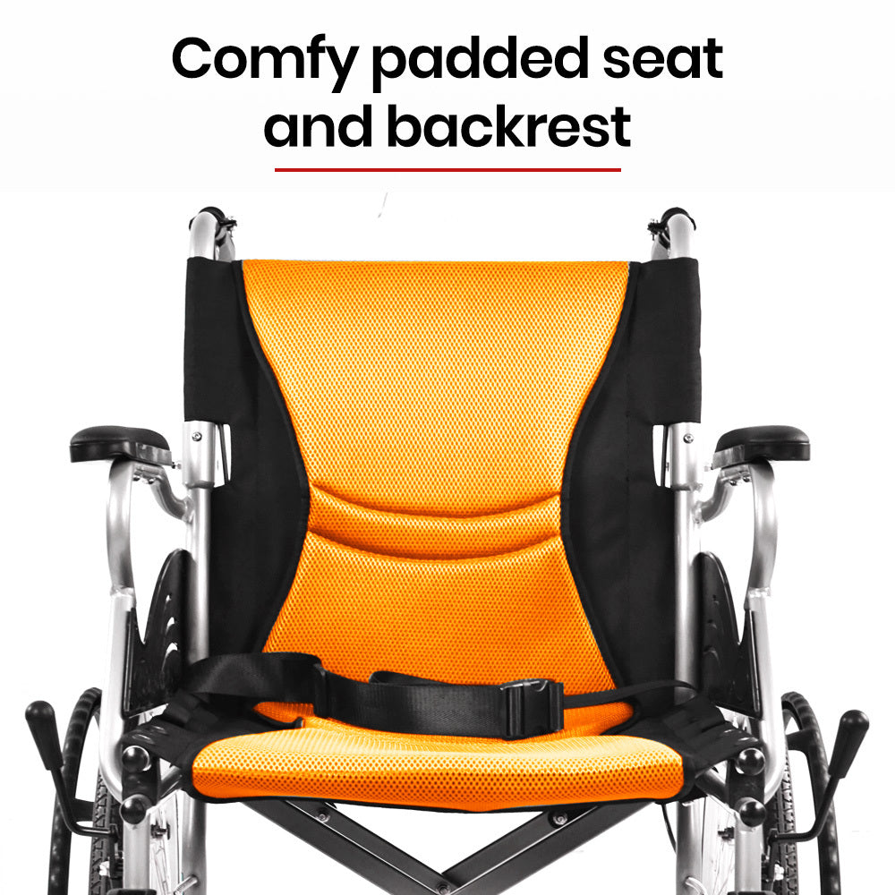 Mobility & Accessibility: EQUIPMED Folding Aluminium Wheelchair, 20" Wheels, Park Brakes, 100kg Capacity, Orange