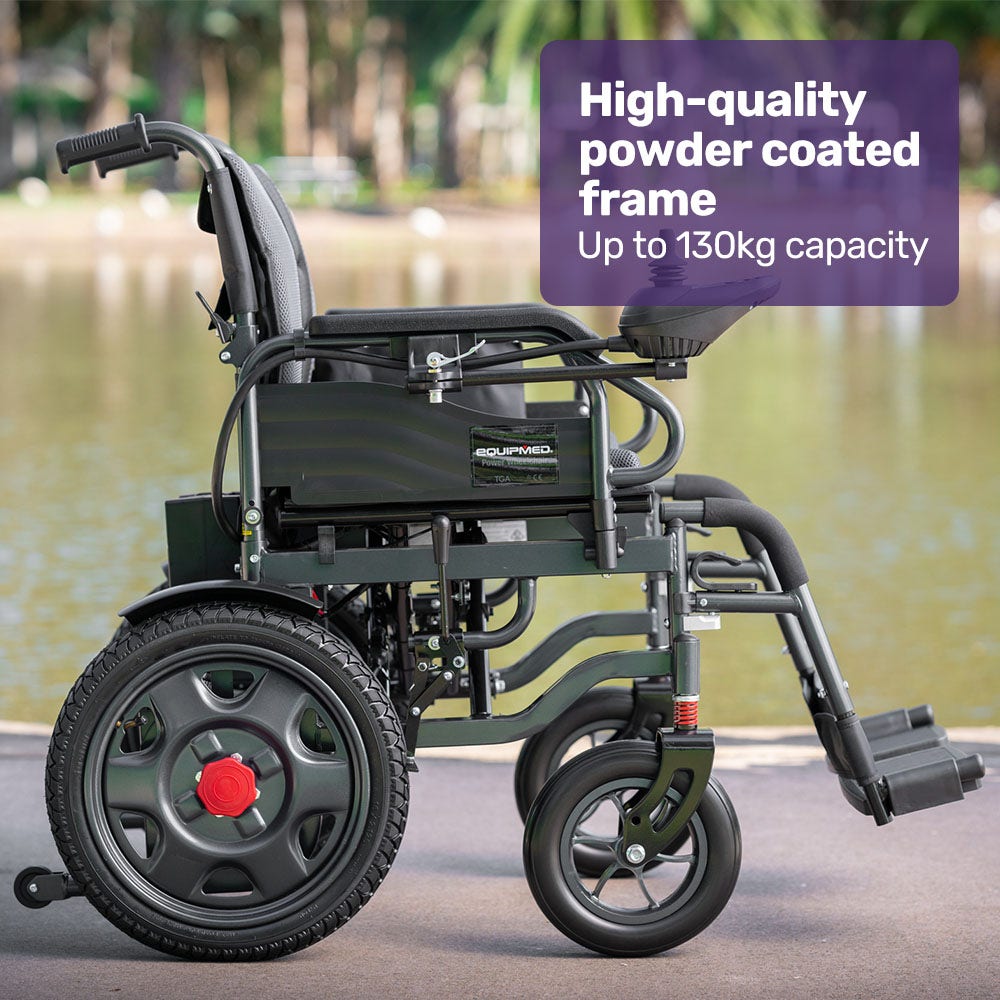 Mobility & Accessibility: Equipmed Electric Folding Wheelchair, Wide Bariatric Chair Seat, Comfortable for S-XL, Long Range, Lithium Battery, Black/Grey