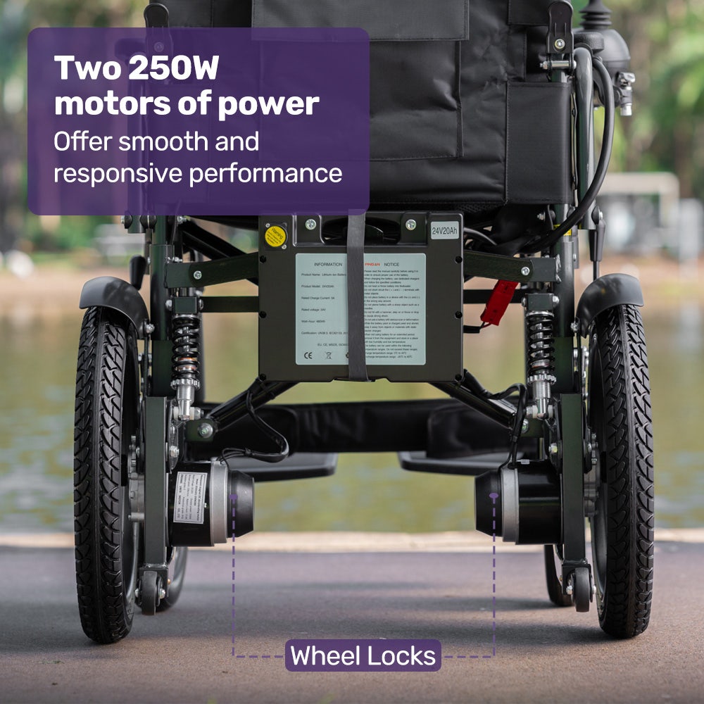 Mobility & Accessibility: Equipmed Electric Folding Wheelchair, Wide Bariatric Chair Seat, Comfortable for S-XL, Long Range, Lithium Battery, Black/Grey