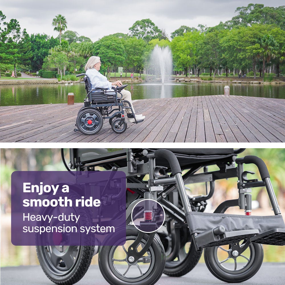 Mobility & Accessibility: Equipmed Electric Folding Wheelchair, Wide Bariatric Chair Seat, Comfortable for S-XL, Long Range, Lithium Battery, Black/Grey