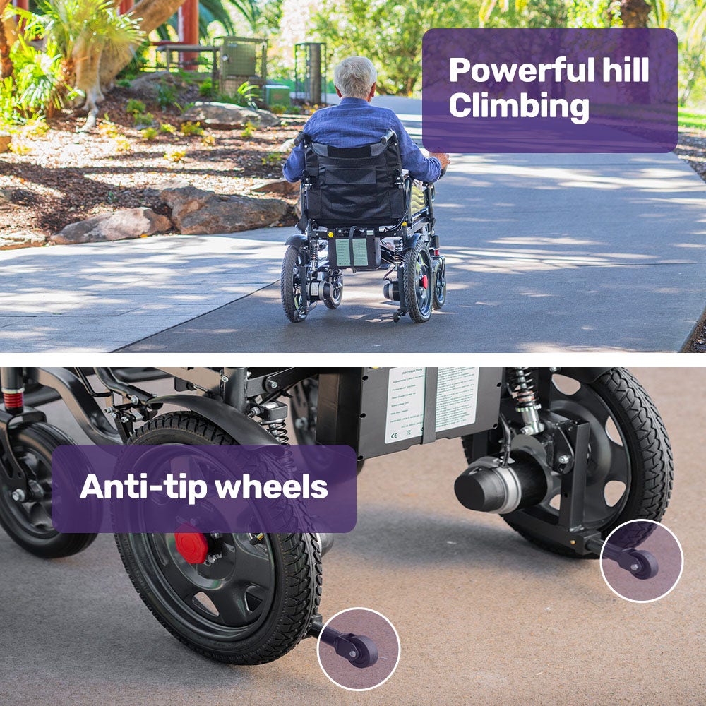 Mobility & Accessibility: Equipmed Electric Folding Wheelchair, Wide Bariatric Chair Seat, Comfortable for S-XL, Long Range, Lithium Battery, Black/Grey