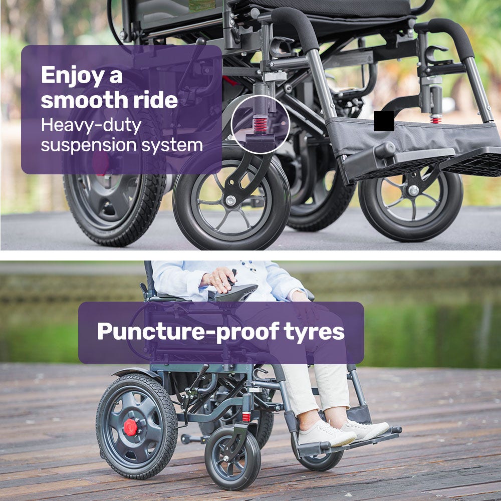 Mobility & Accessibility: Equipmed Electric Folding Wheelchair, Wide Bariatric Chair Seat, Comfortable for S-XL, Long Range, Lithium Battery, Black/Grey