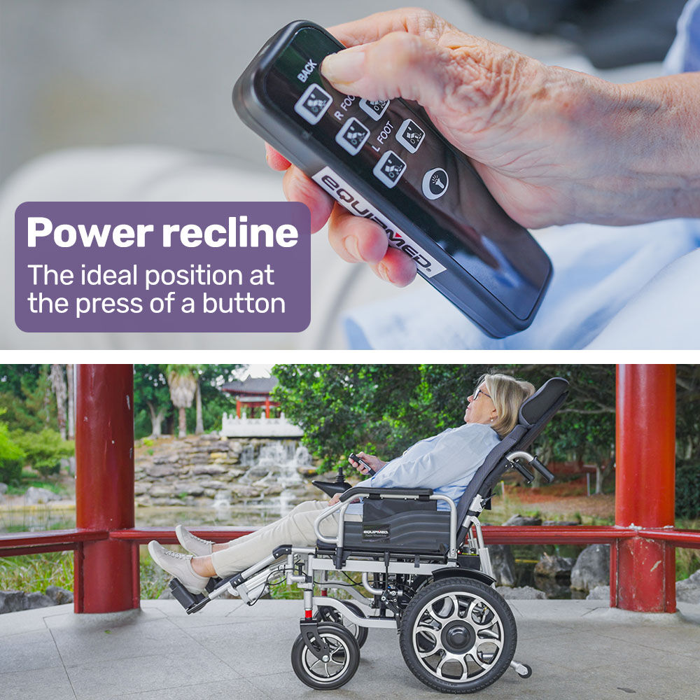 EQUIPMED Electric Wheelchair, Power Recline, Long Range, Lithium Battery, 16" Rear Wheels, Headrest, Folding, Grey/Black