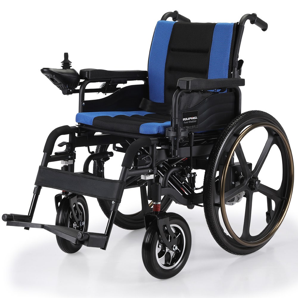 Mobility & Accessibility: EQUIPMED Electric Wheelchair Folding, Long Range, Airline Approved, Lithium Battery, 24" Light Rear Wheels, Matte Black/Blue
