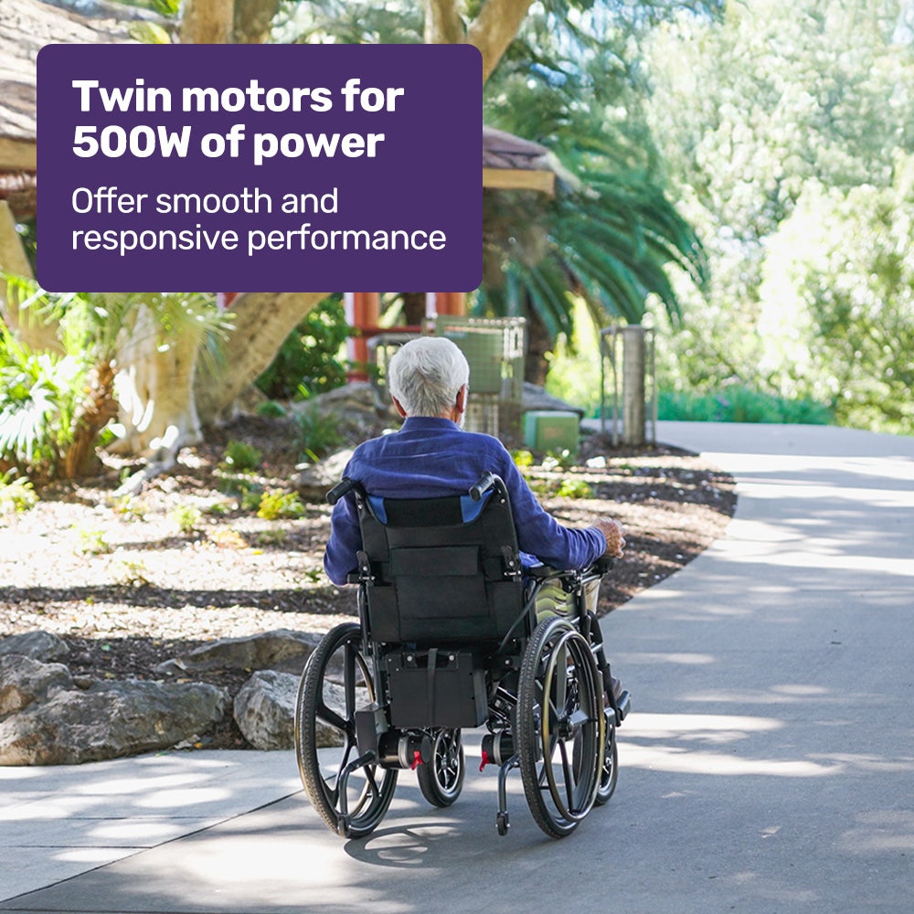 Mobility & Accessibility: EQUIPMED Electric Wheelchair Folding, Long Range, Airline Approved, Lithium Battery, 24" Light Rear Wheels, Matte Black/Blue