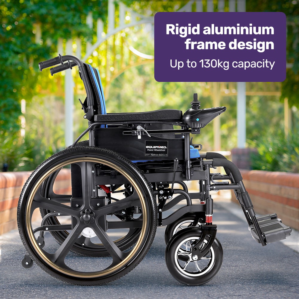 Mobility & Accessibility: EQUIPMED Electric Wheelchair Folding, Long Range, Airline Approved, Lithium Battery, 24" Light Rear Wheels, Matte Black/Blue
