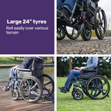 Mobility & Accessibility: EQUIPMED Electric Wheelchair Folding, Long Range, Airline Approved, Lithium Battery, 24" Light Rear Wheels, Matte Black/Blue