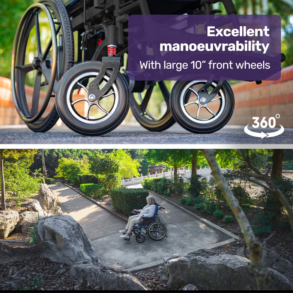 Mobility & Accessibility: EQUIPMED Electric Wheelchair Folding, Long Range, Airline Approved, Lithium Battery, 24" Light Rear Wheels, Matte Black/Blue