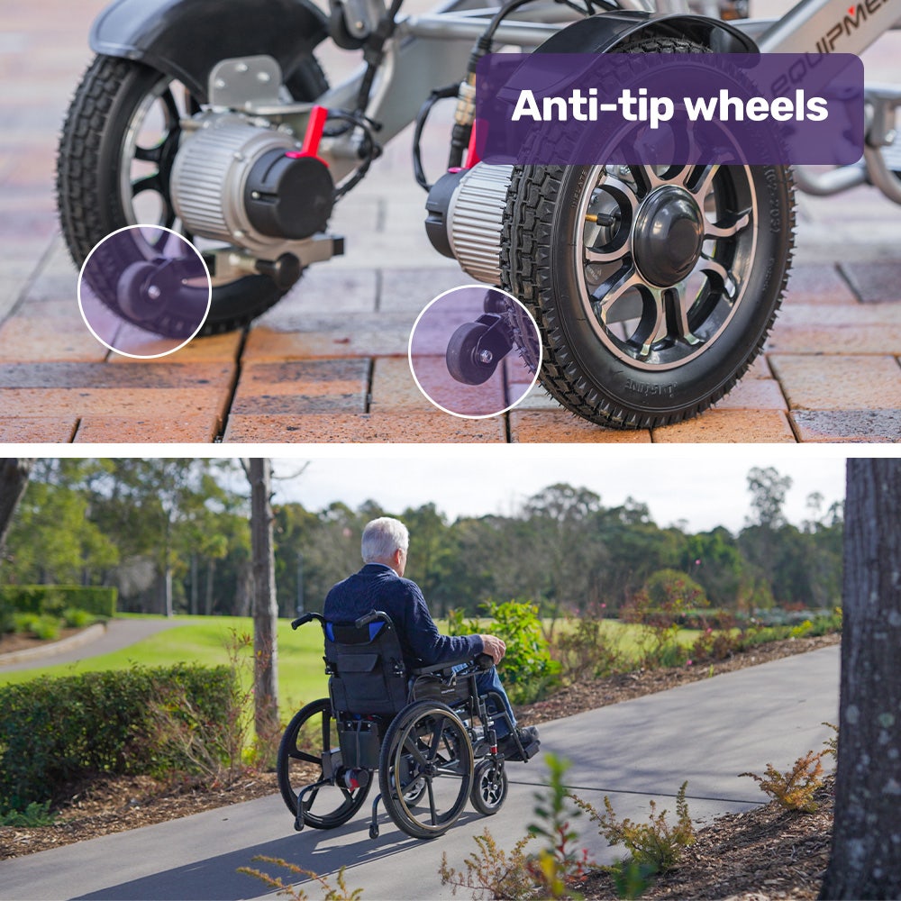 Mobility & Accessibility: EQUIPMED Electric Wheelchair Folding, Long Range, Airline Approved, Lithium Battery, 24" Light Rear Wheels, Matte Black/Blue