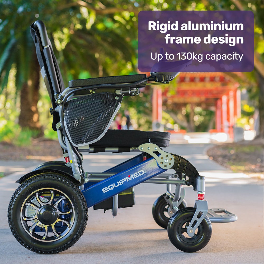 Mobility & Accessibility: EQUIPMED Power Electric Wheelchair, Long Range, Airline Approved, Folding, Aluminium Frame, Lithium Battery, Blue