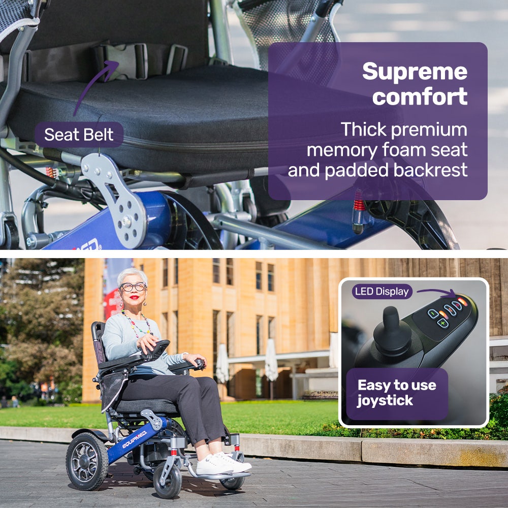 Mobility & Accessibility: EQUIPMED Power Electric Wheelchair, Long Range, Airline Approved, Folding, Aluminium Frame, Lithium Battery, Blue