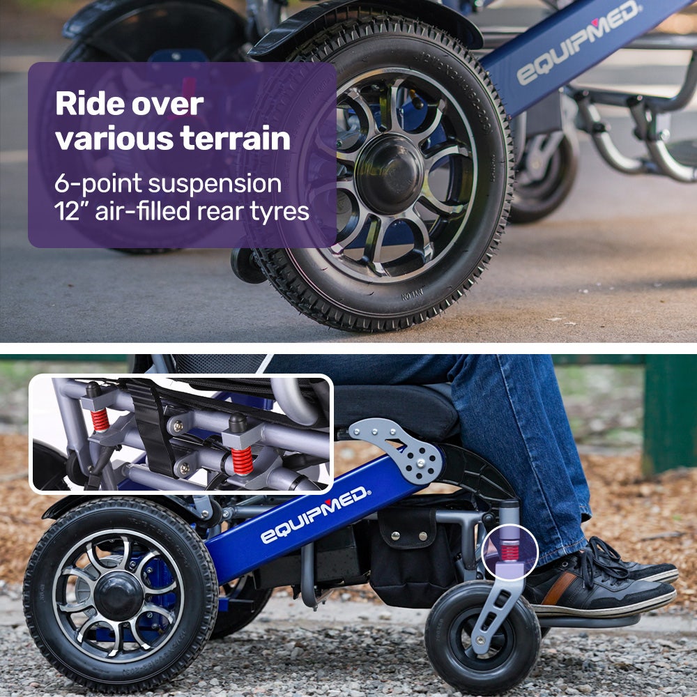 Mobility & Accessibility: EQUIPMED Power Electric Wheelchair, Long Range, Airline Approved, Folding, Aluminium Frame, Lithium Battery, Blue