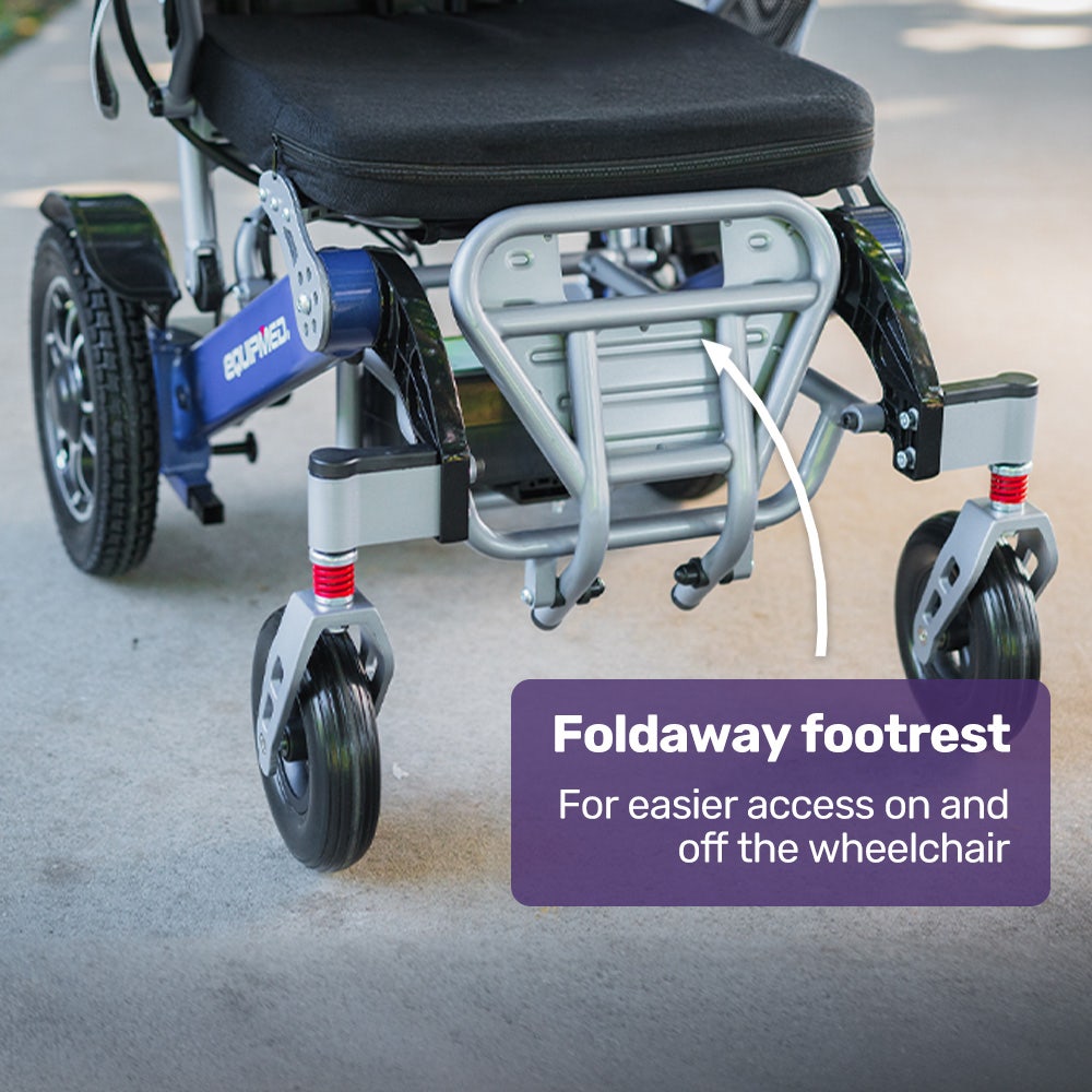 Mobility & Accessibility: EQUIPMED Power Electric Wheelchair, Long Range, Airline Approved, Folding, Aluminium Frame, Lithium Battery, Blue