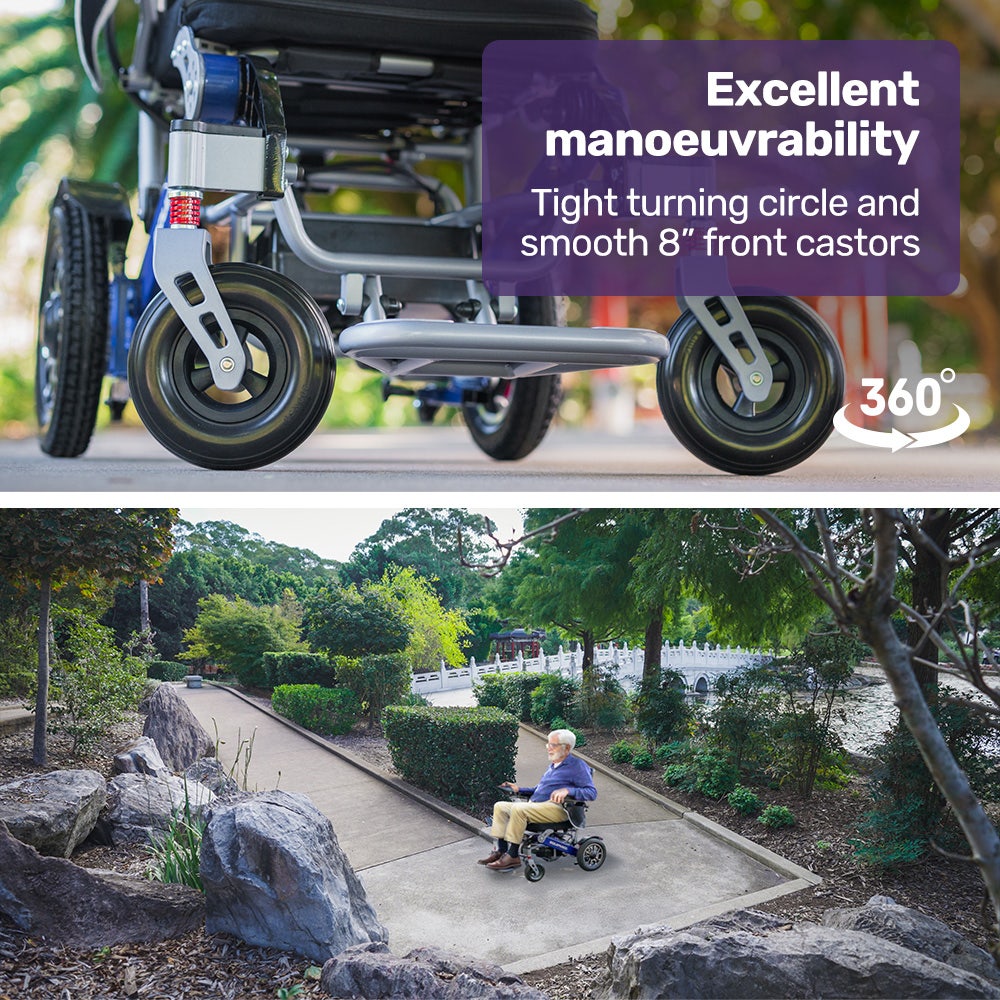 Mobility & Accessibility: EQUIPMED Power Electric Wheelchair, Long Range, Airline Approved, Folding, Aluminium Frame, Lithium Battery, Blue