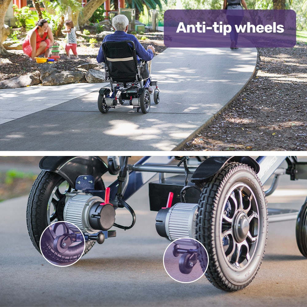 Mobility & Accessibility: EQUIPMED Power Electric Wheelchair, Long Range, Airline Approved, Folding, Aluminium Frame, Lithium Battery, Blue