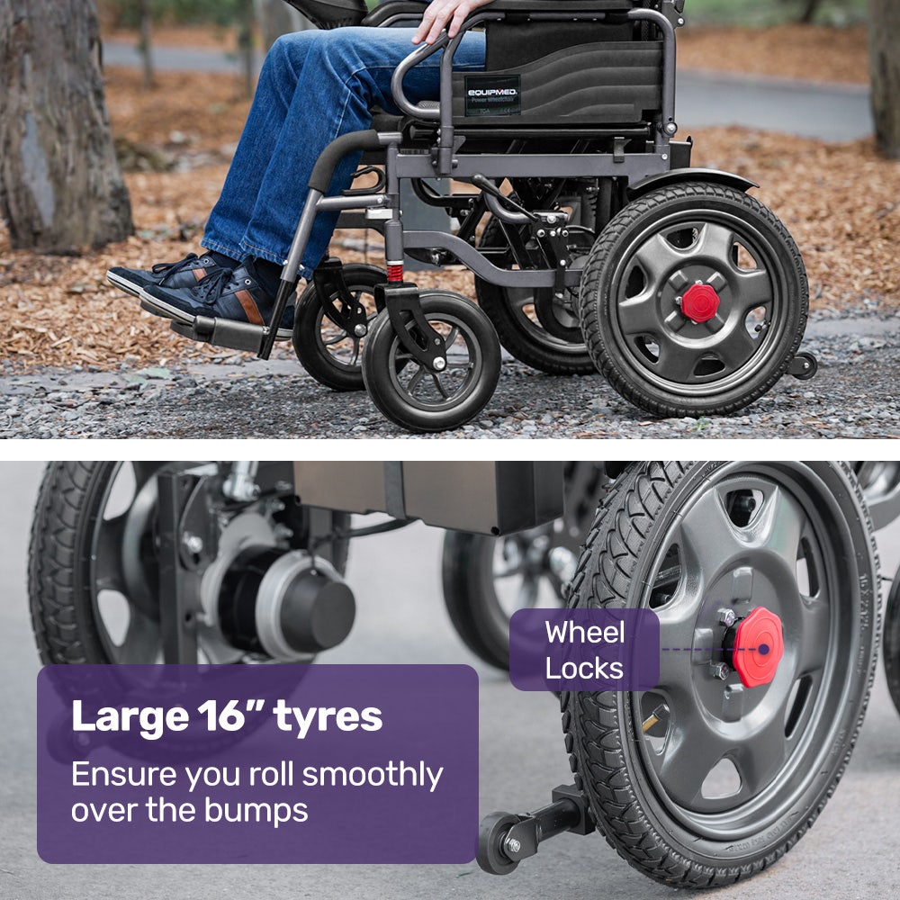 Mobility & Accessibility: EQUIPMED Electric Folding Wheelchair, Wide Bariatric Chair Seat, Comfortable for S-XL, Long Range, Lithium Battery, Black