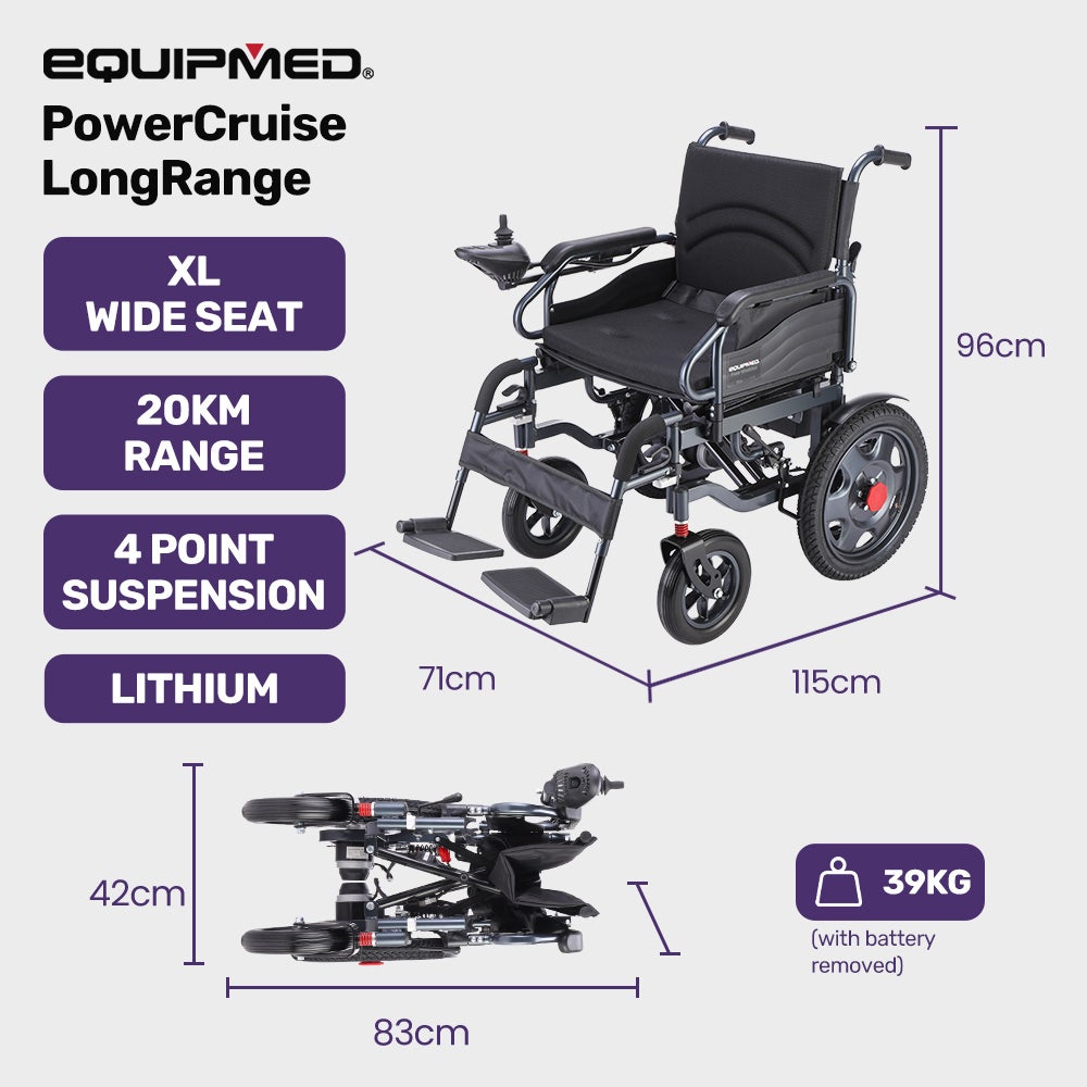 Mobility & Accessibility: EQUIPMED Electric Folding Wheelchair, Wide Bariatric Chair Seat, Comfortable for S-XL, Long Range, Lithium Battery, Black