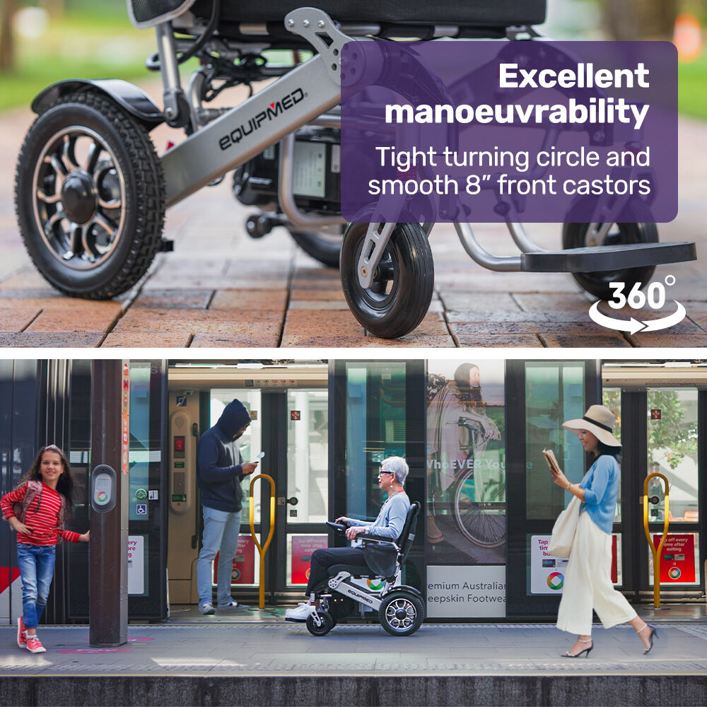 Mobility & Accessibility: EQUIPMED Power Electric Wheelchair, Airline Approved Wheel Chair, Lightweight, Folding, Long Range, Lithium Batteries, Black & Silver