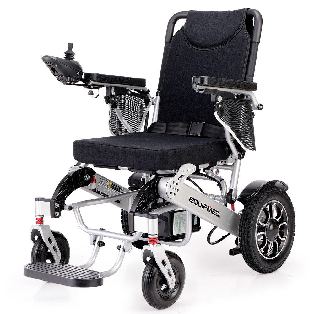 Mobility & Accessibility: EQUIPMED Power Electric Wheelchair, Airline Approved Wheel Chair, Lightweight, Folding, Long Range, Lithium Batteries, Black & Silver