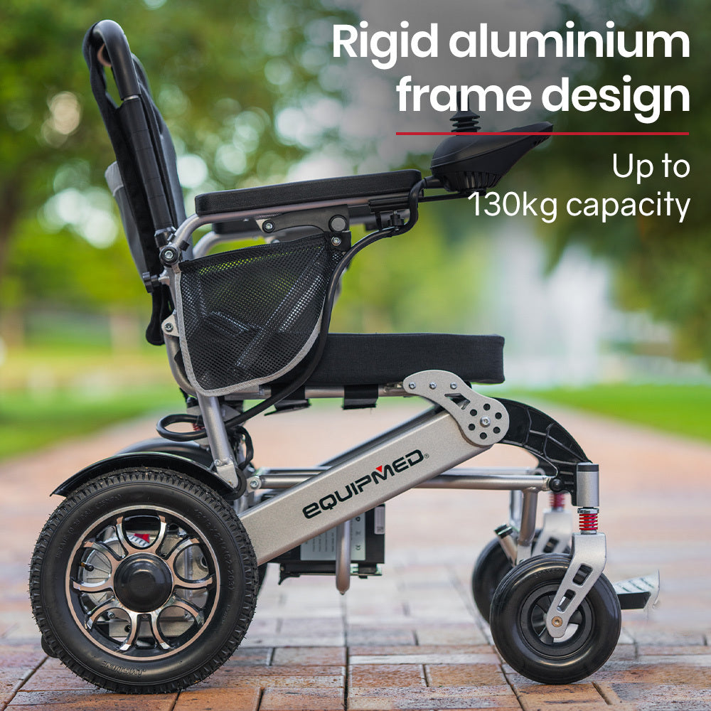 Mobility & Accessibility: EQUIPMED Power Electric Wheelchair, Airline Approved Wheel Chair, Lightweight, Folding, Long Range, Lithium Batteries, Black & Silver