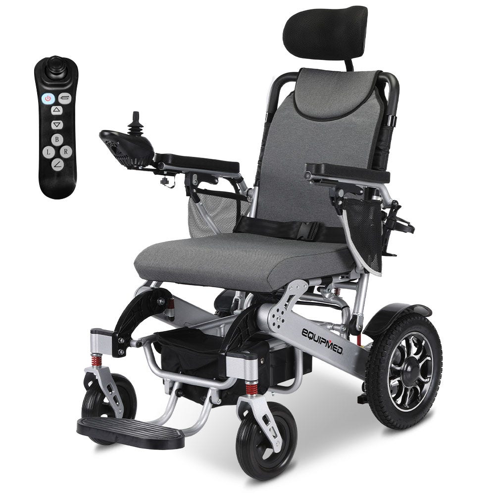 Mobility & Accessibility: EQUIPMED Power Electric Wheelchair, Long Range, Airline Approved, Alloy, Remote Control, Lithium Battery, Black/Silver