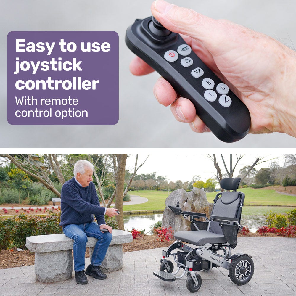 Mobility & Accessibility: EQUIPMED Power Electric Wheelchair, Long Range, Airline Approved, Alloy, Remote Control, Lithium Battery, Black/Silver
