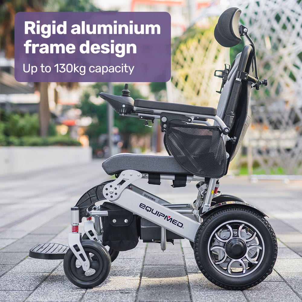 Mobility & Accessibility: EQUIPMED Power Electric Wheelchair, Long Range, Airline Approved, Alloy, Remote Control, Lithium Battery, Black/Silver