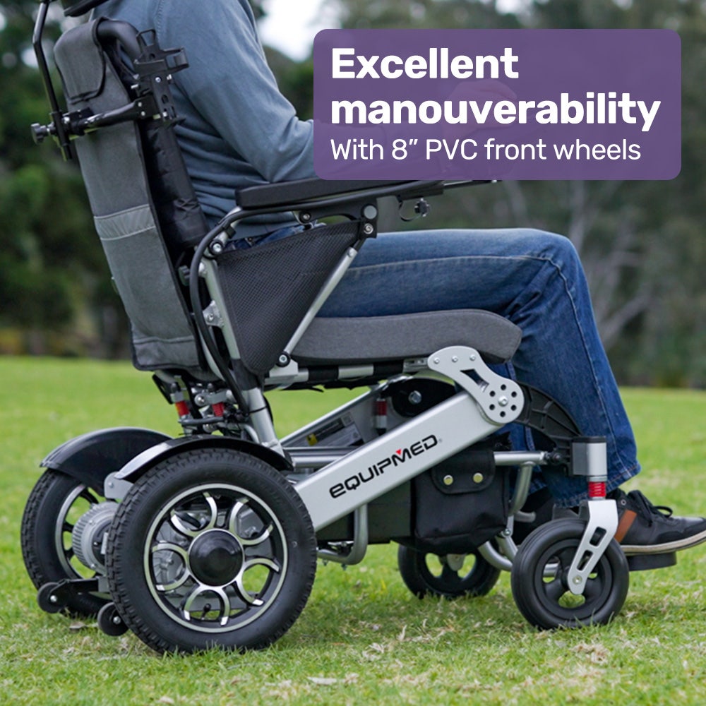 Mobility & Accessibility: EQUIPMED Power Electric Wheelchair, Long Range, Airline Approved, Alloy, Remote Control, Lithium Battery, Black/Silver