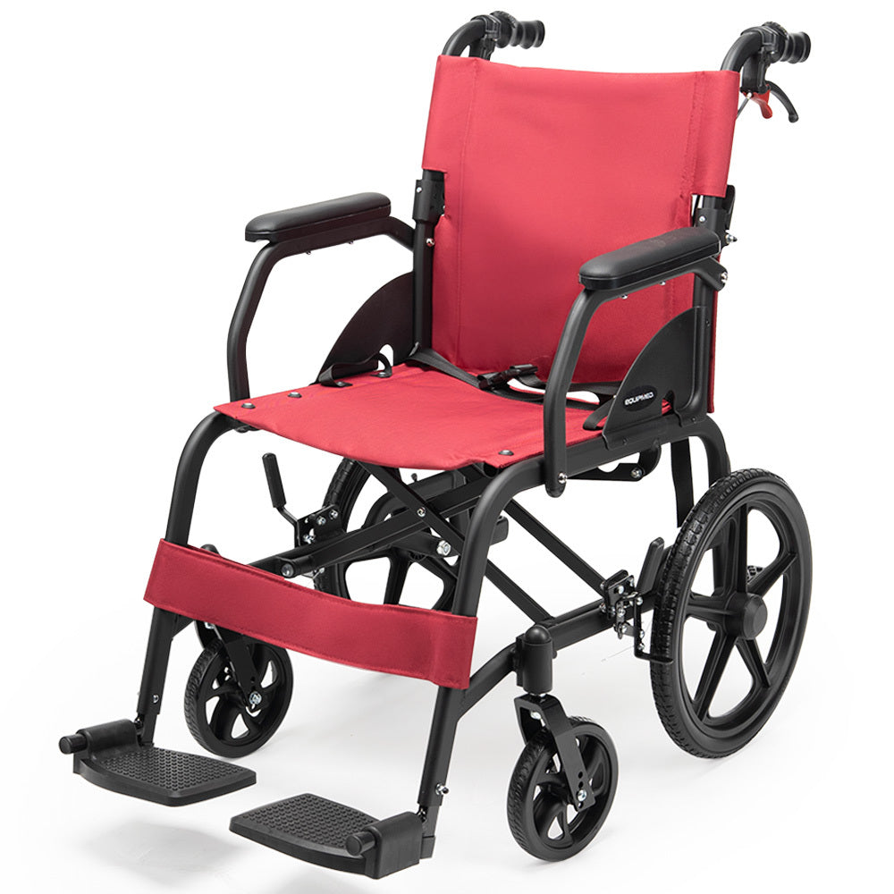 Mobility & Accessibility: Equipmed Folding Transit Wheelchair, Lightweight Aluminium for Easy Transport, Crimson Red