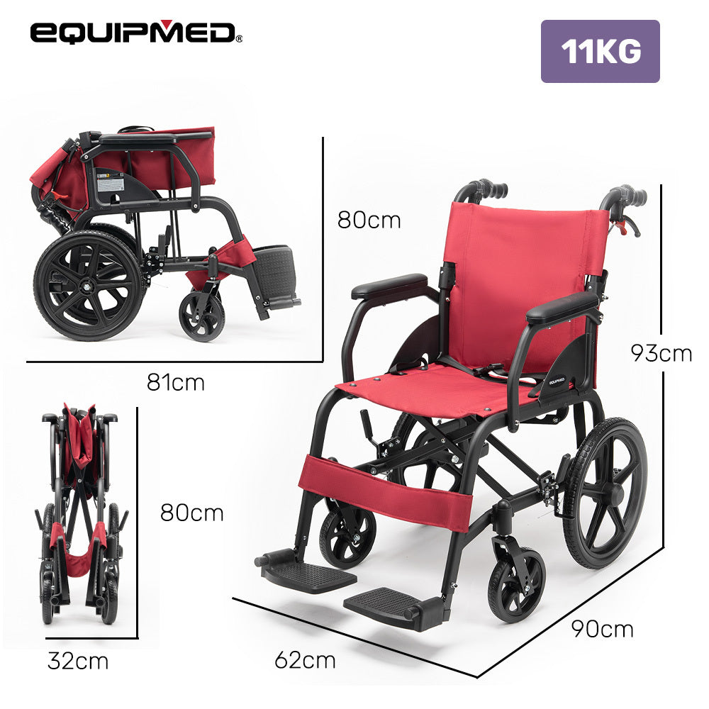 Mobility & Accessibility: Equipmed Folding Transit Wheelchair, Lightweight Aluminium for Easy Transport, Crimson Red