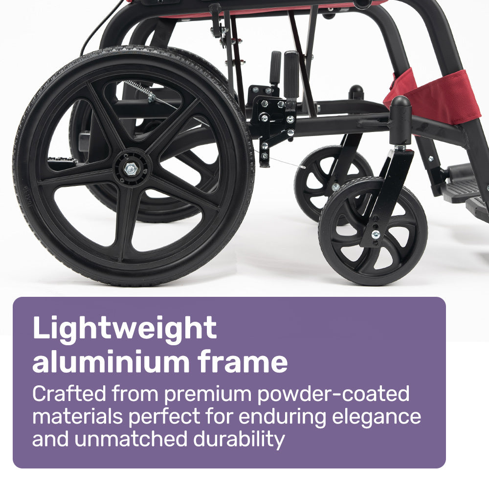 Mobility & Accessibility: Equipmed Folding Transit Wheelchair, Lightweight Aluminium for Easy Transport, Crimson Red