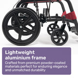 Mobility & Accessibility: Equipmed Folding Transit Wheelchair, Lightweight Aluminium for Easy Transport, Crimson Red